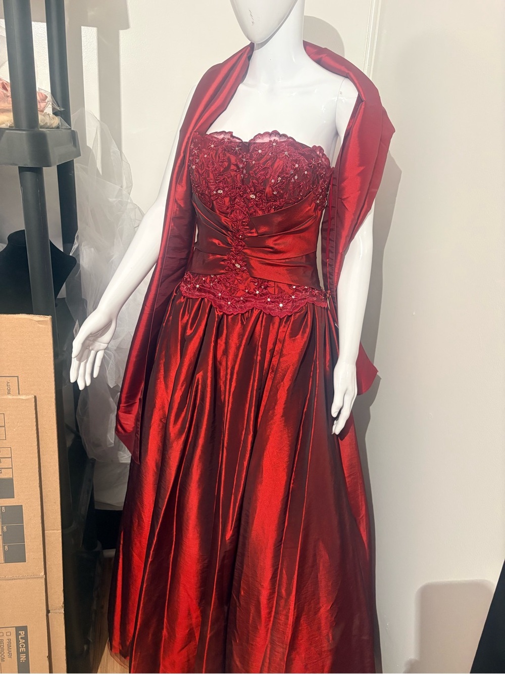May Queen Strapless Red Beaded Lace Prom Gown with Satin Skirt